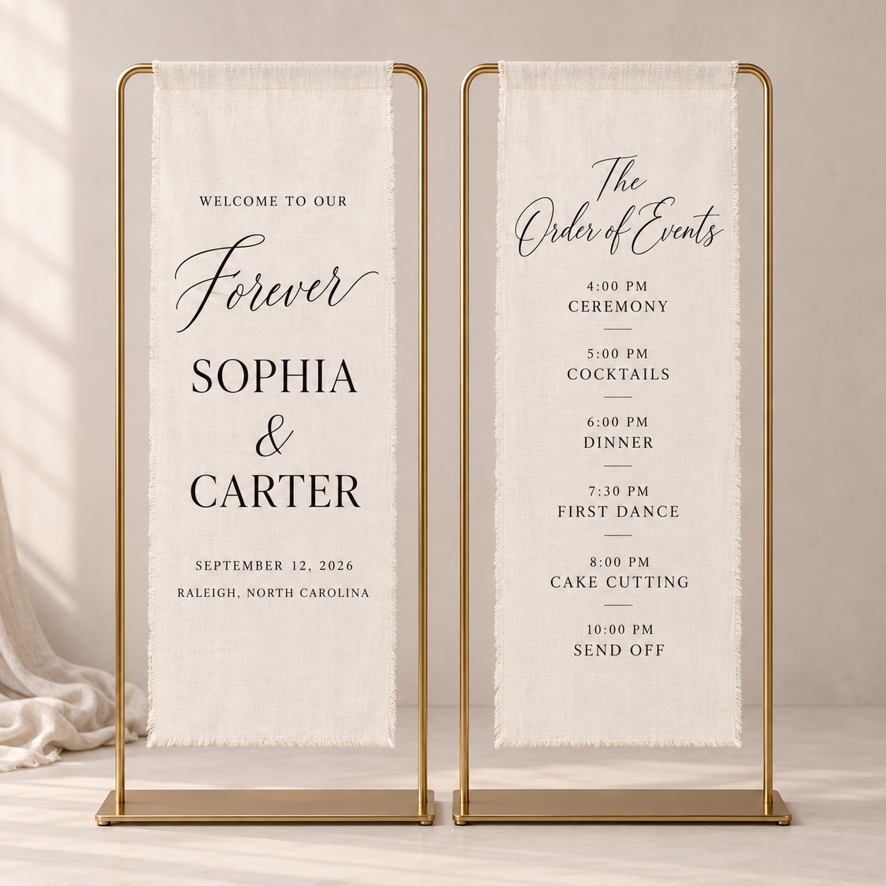 Coordinated linen welcome sign and order of events sign