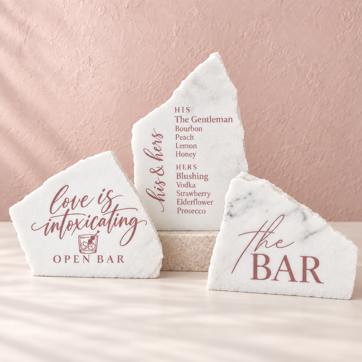 Custom stone bar signs in blush lettering