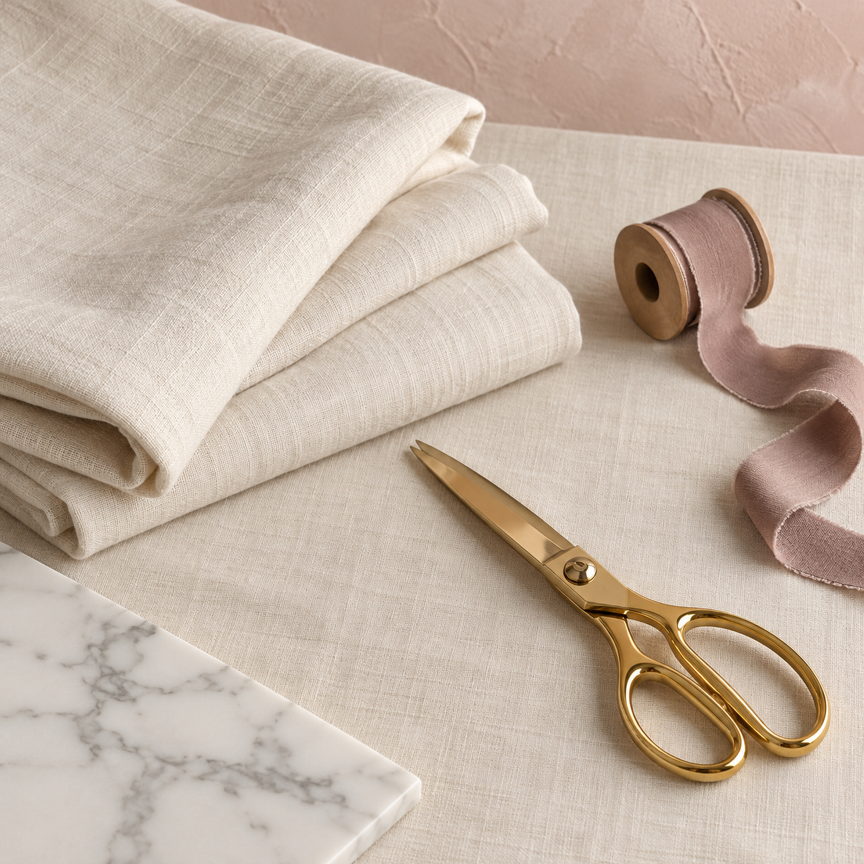 Ivory linen, gold scissors, soft blush ribbon, and stone styling materials